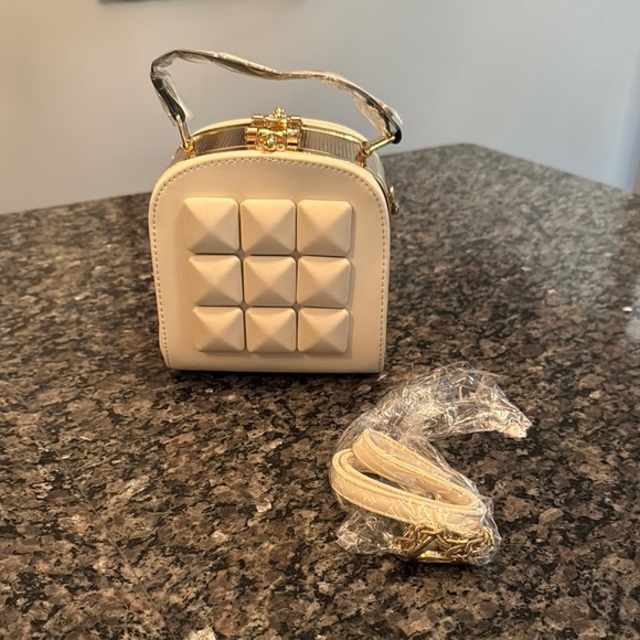 Handbags - Square hard case Cream Handbag with Gold Accents NWOT